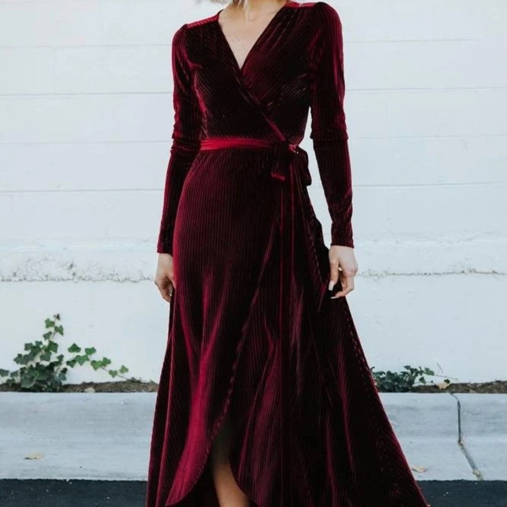 Baltic Born Jada Ribbed Velvet Wrap Dress Mulberry